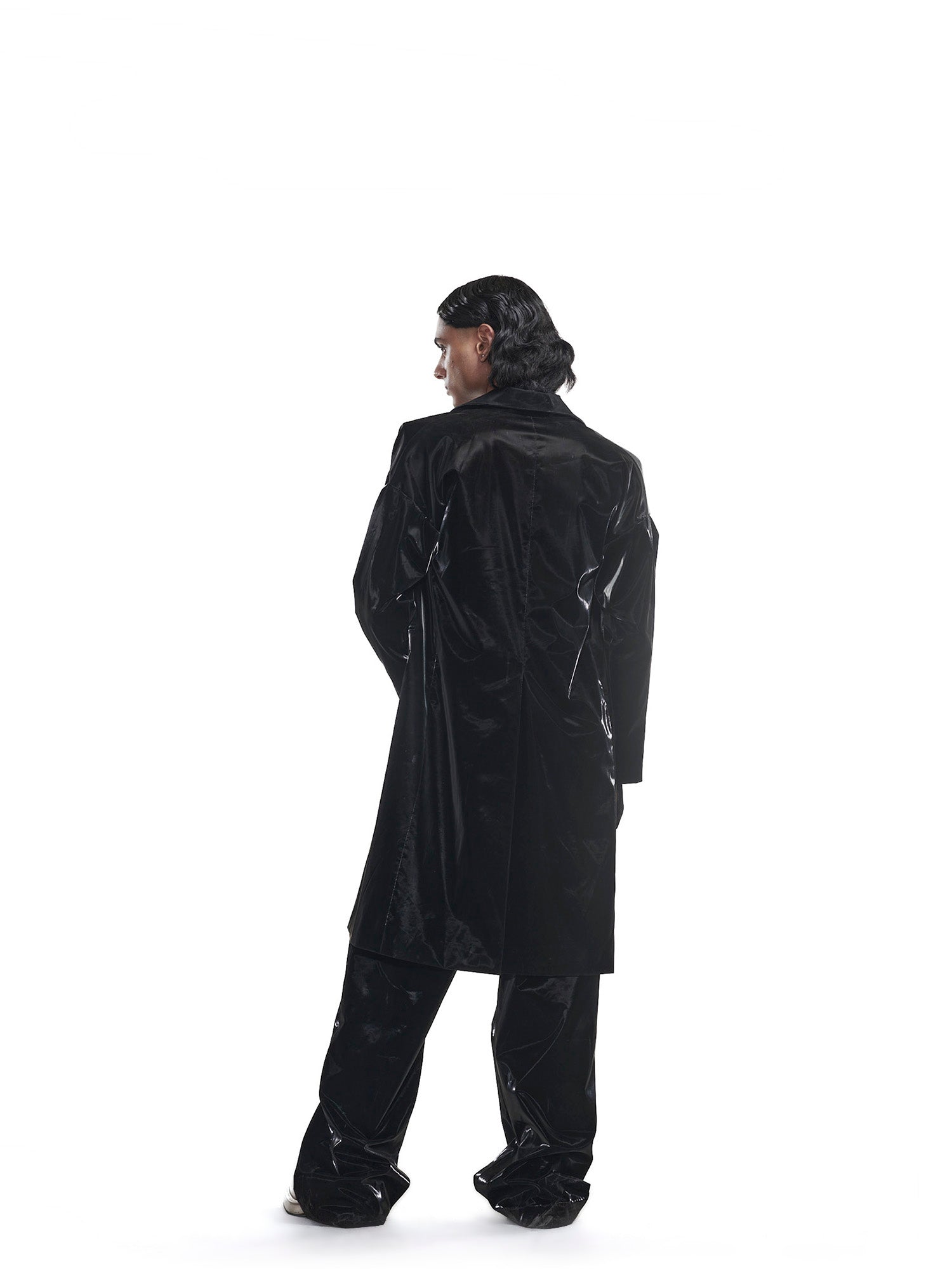 Liquid faux leather trench coat