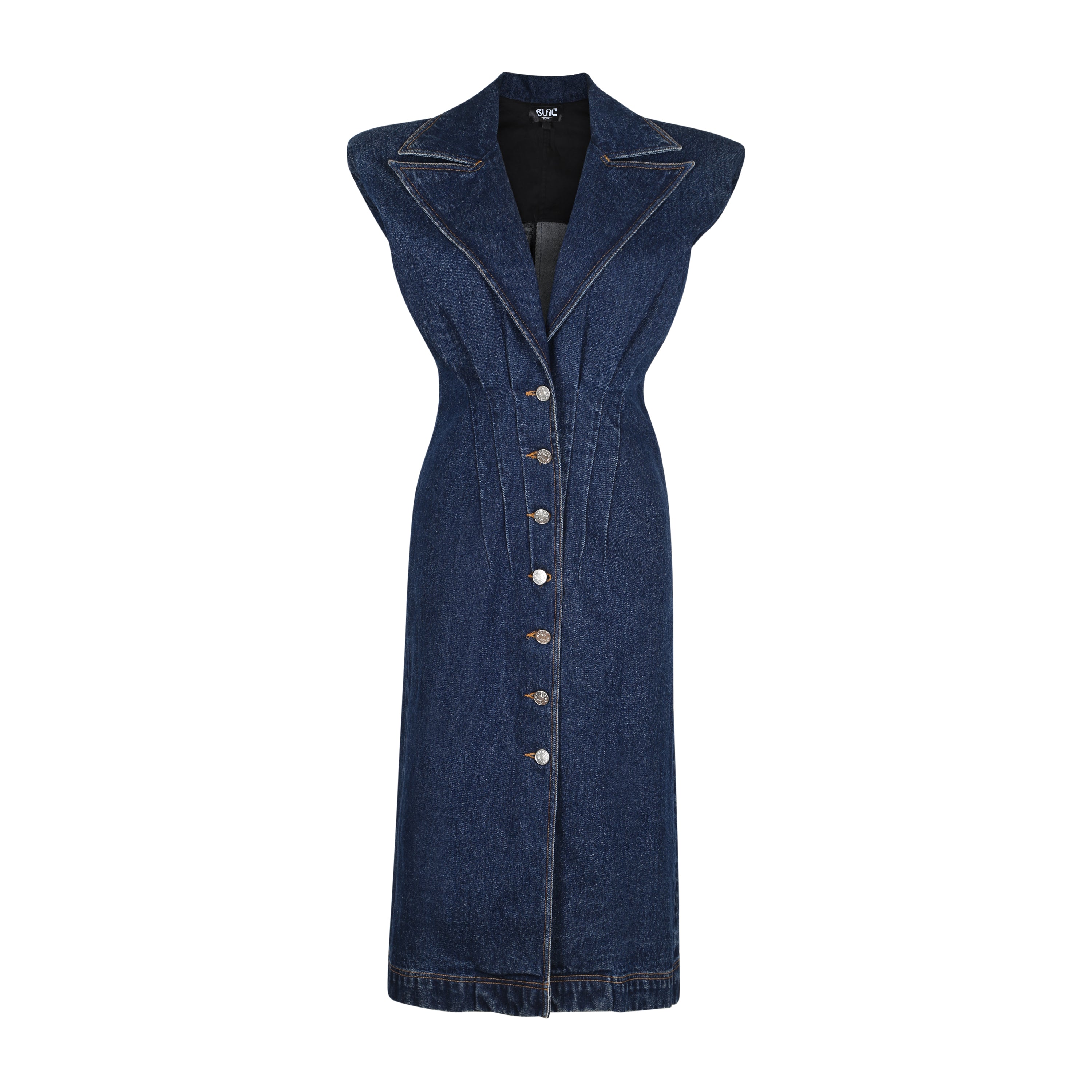 Denim power shoulder button down dress