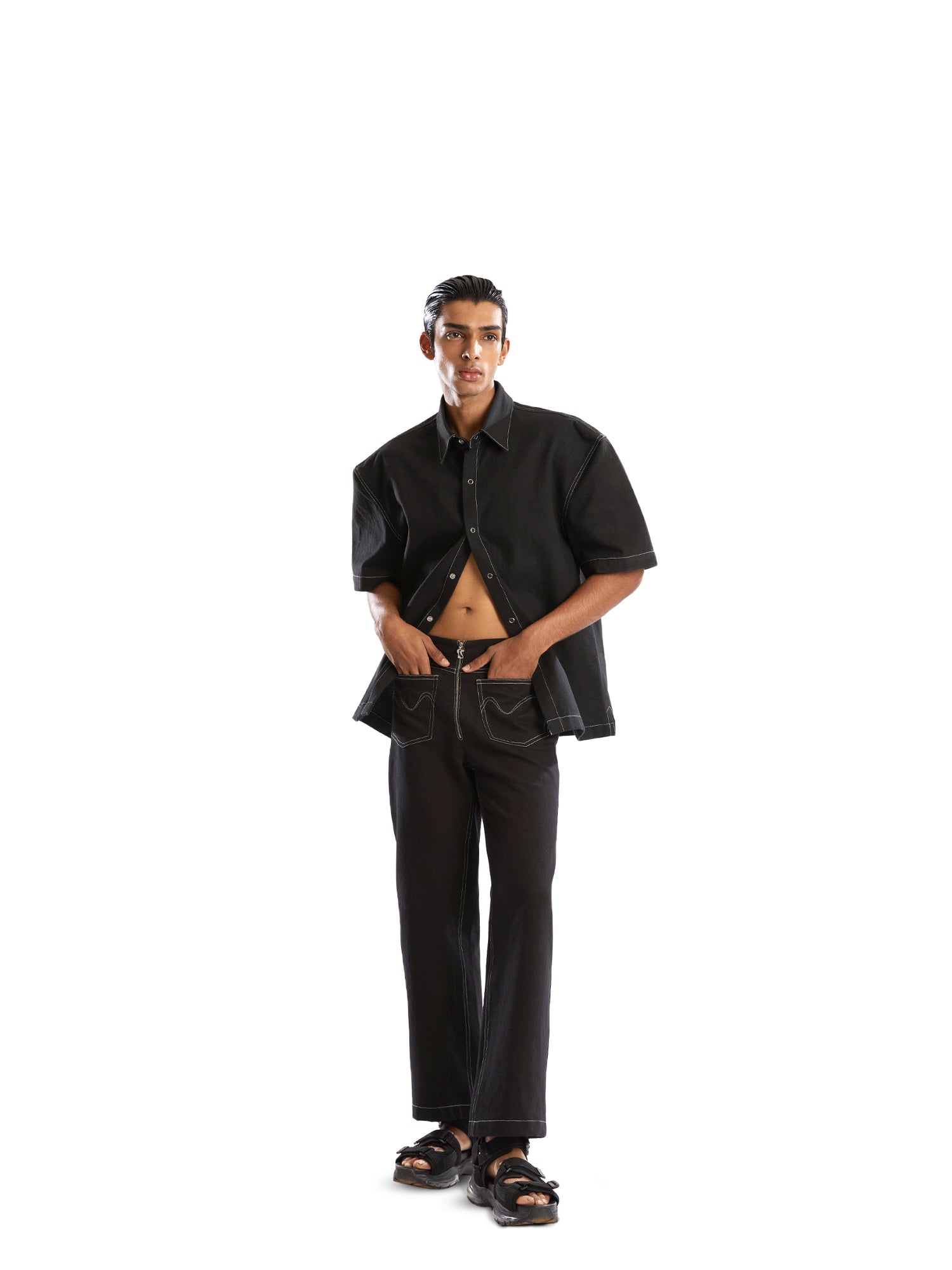 Black denim trouser with front patch pocket