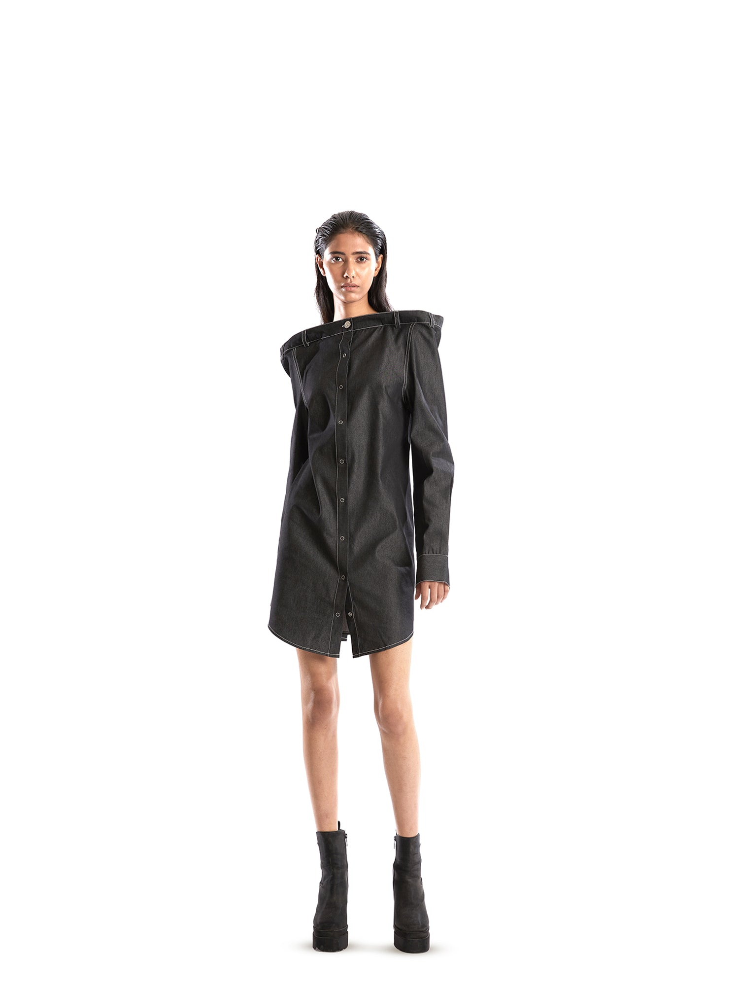 Black Denim mini straight shoulder dress
