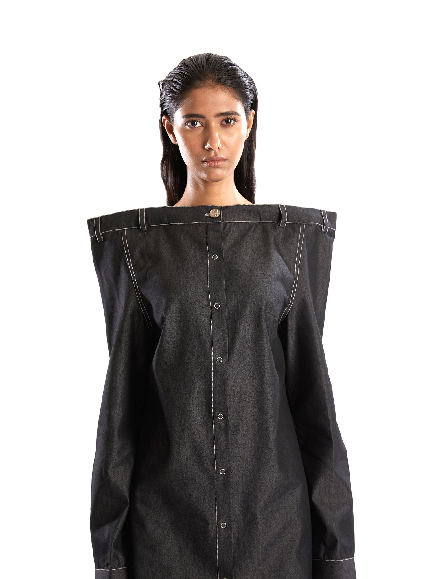 Black Denim mini straight shoulder dress