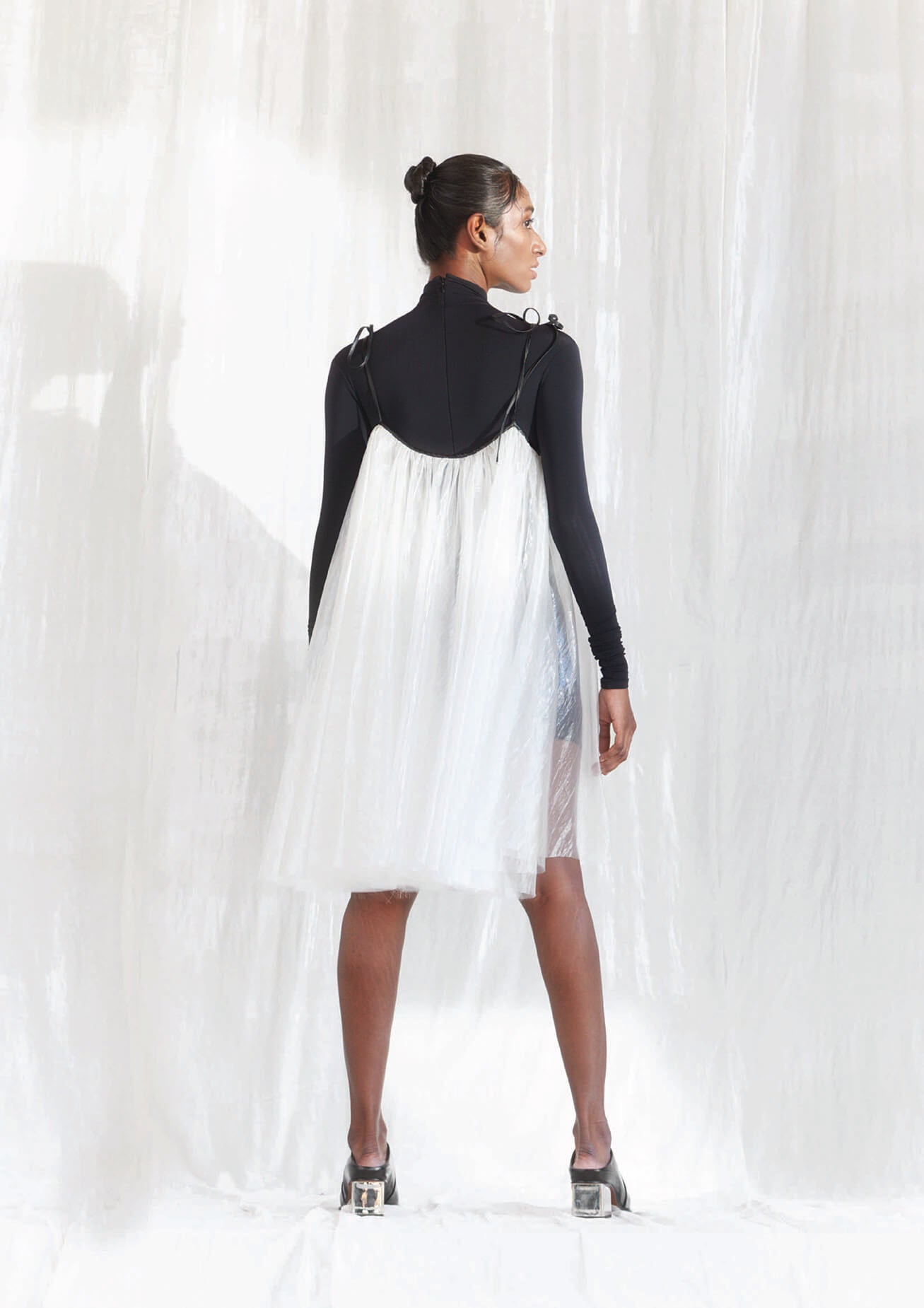 Gathered pearlescent tie-up dress