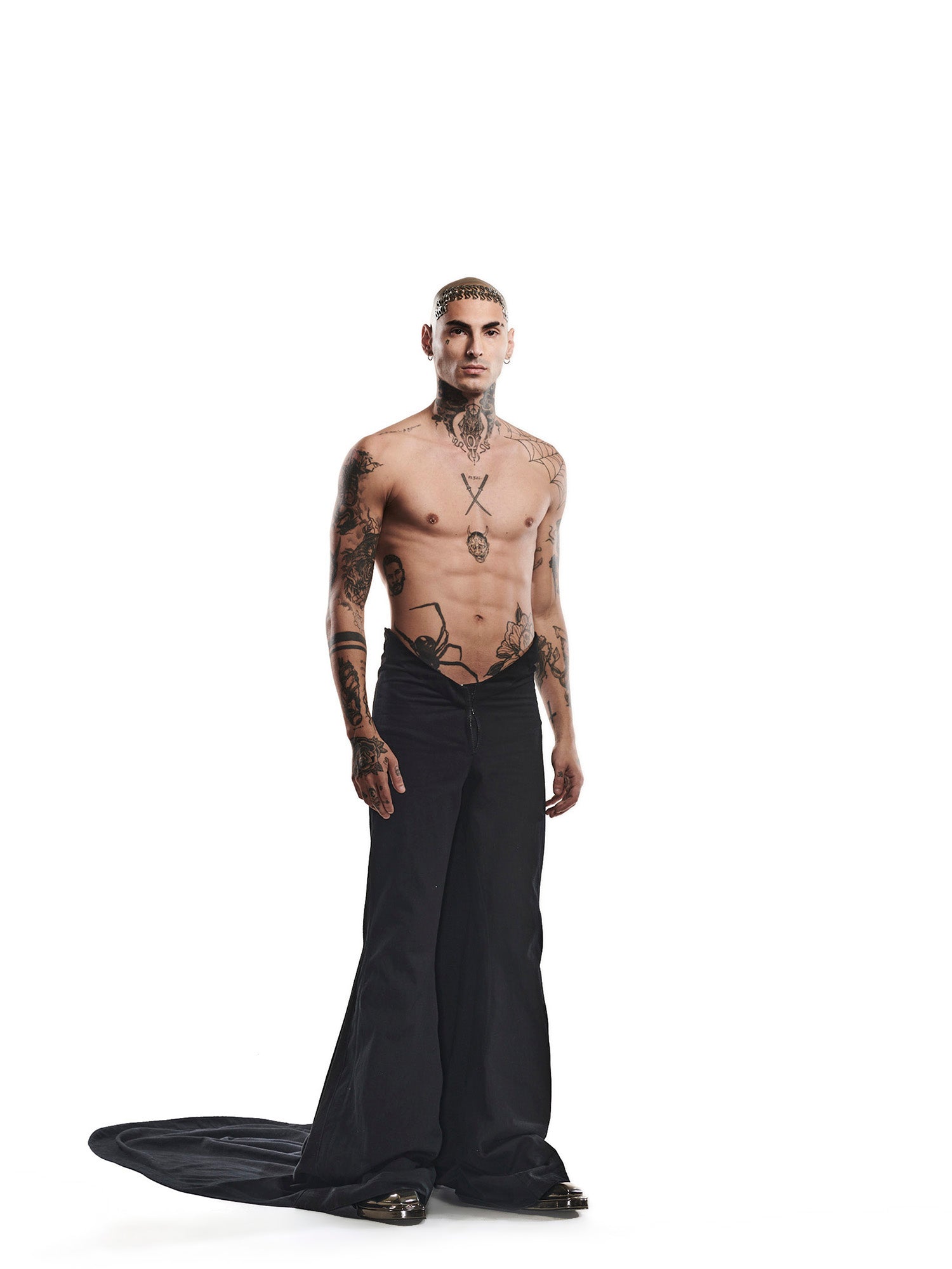 Black denim train pants