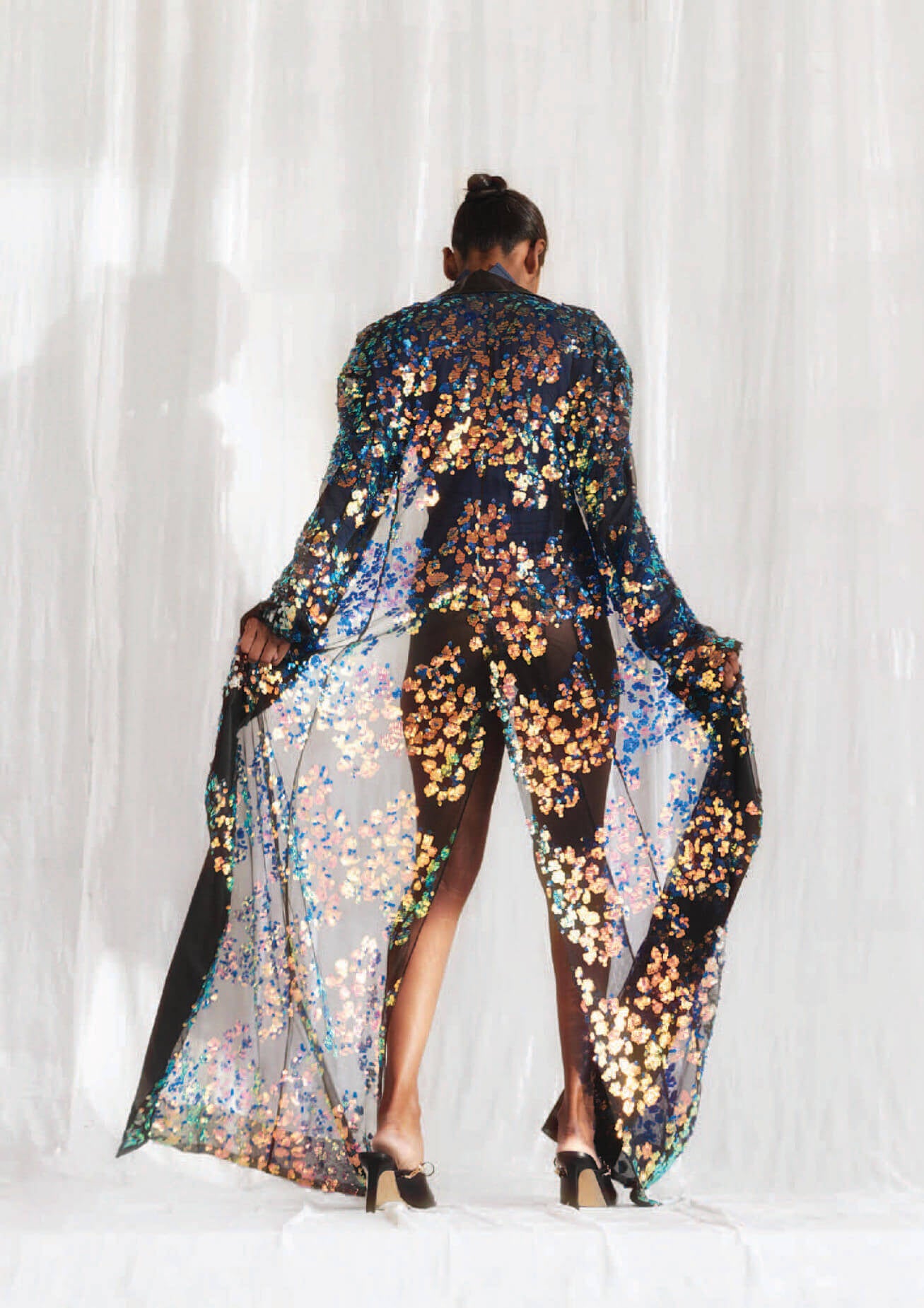 Sheer embroidered tulle overcoat