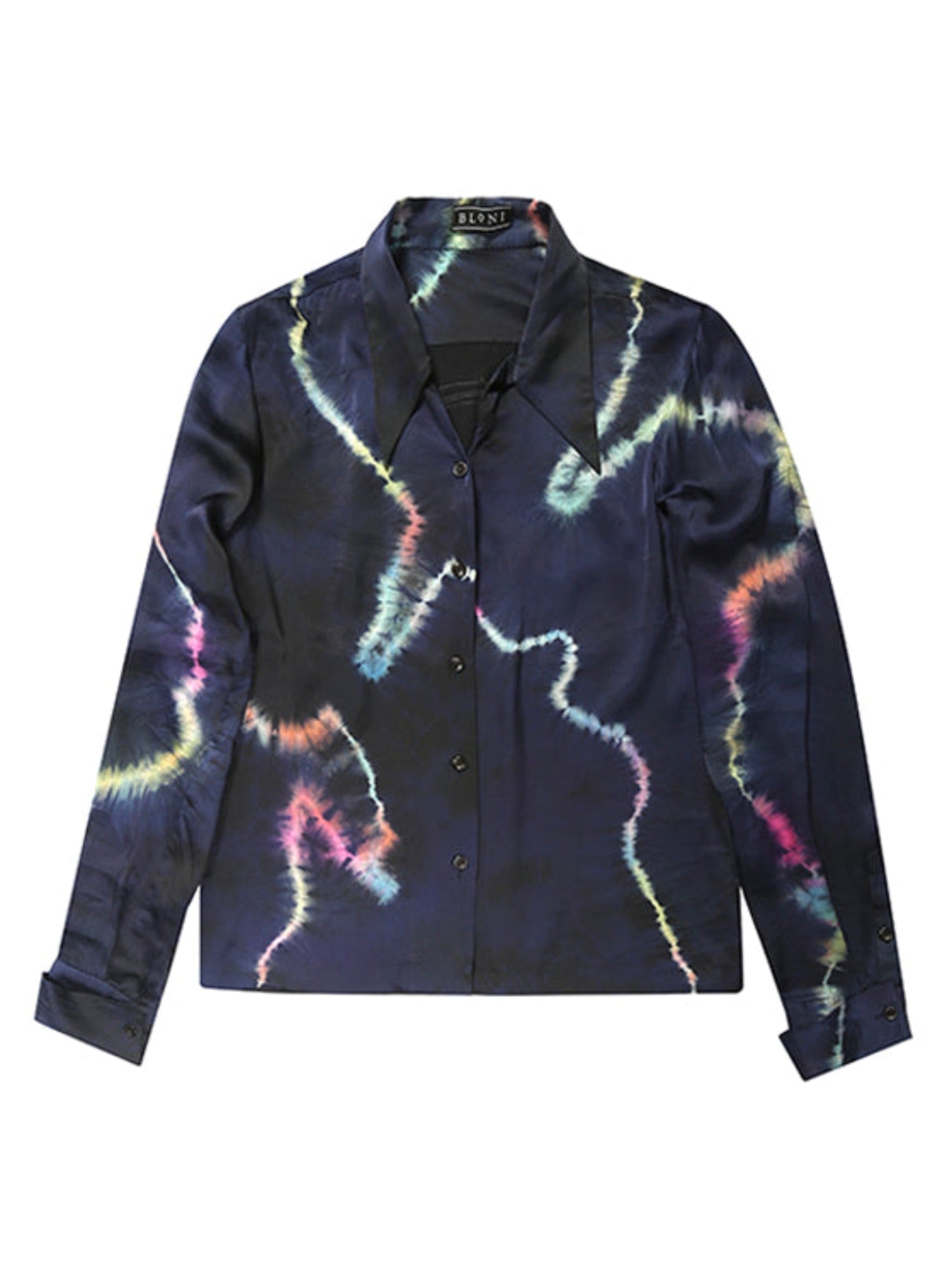 Pointed collar satin button-down shirt