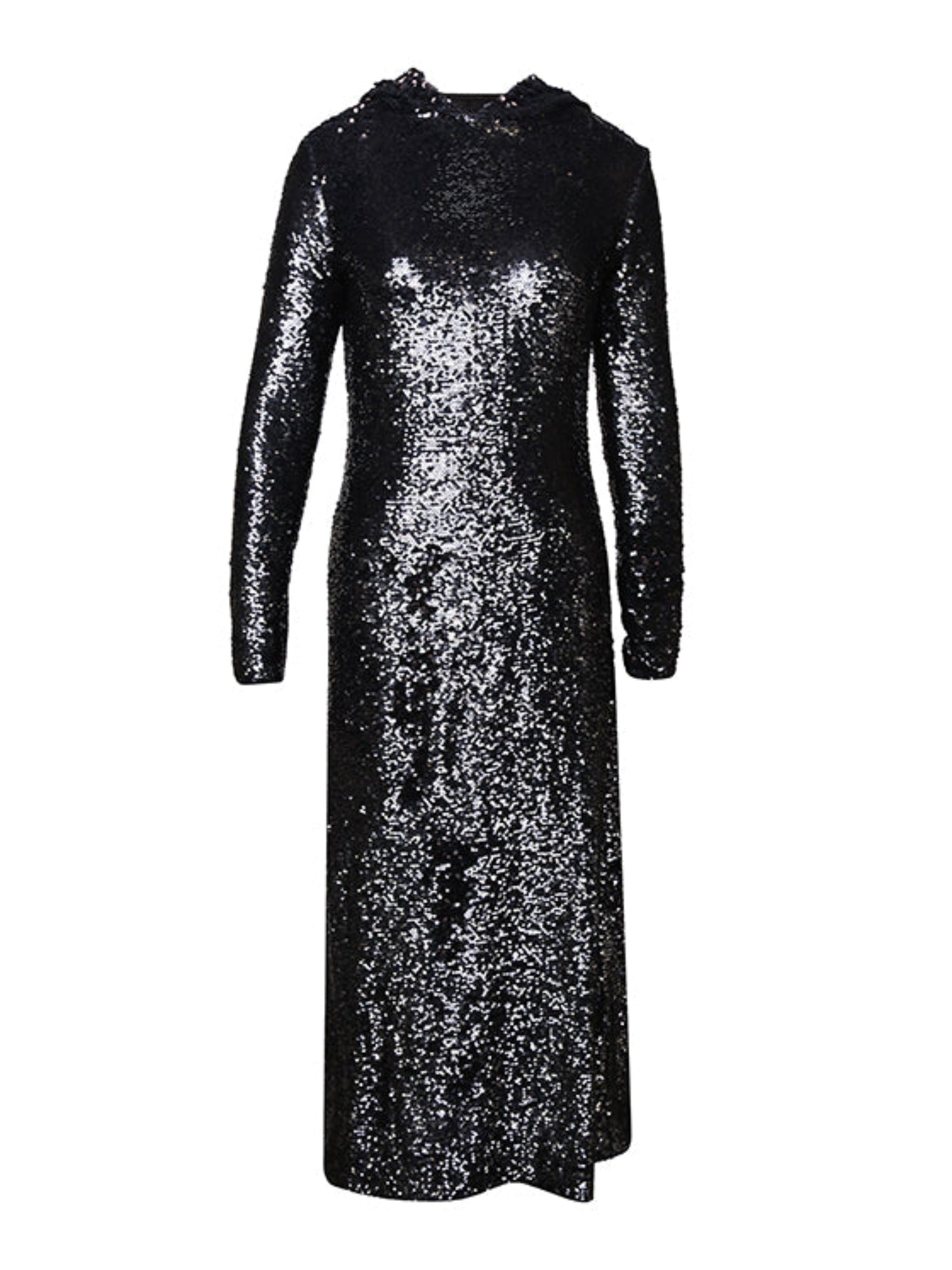 Hooded sequinned navy dress