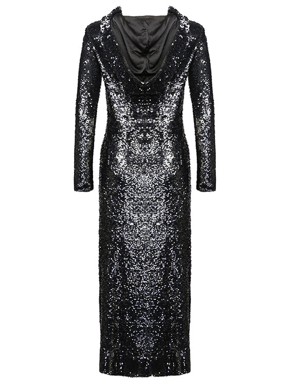 Hooded sequinned navy dress