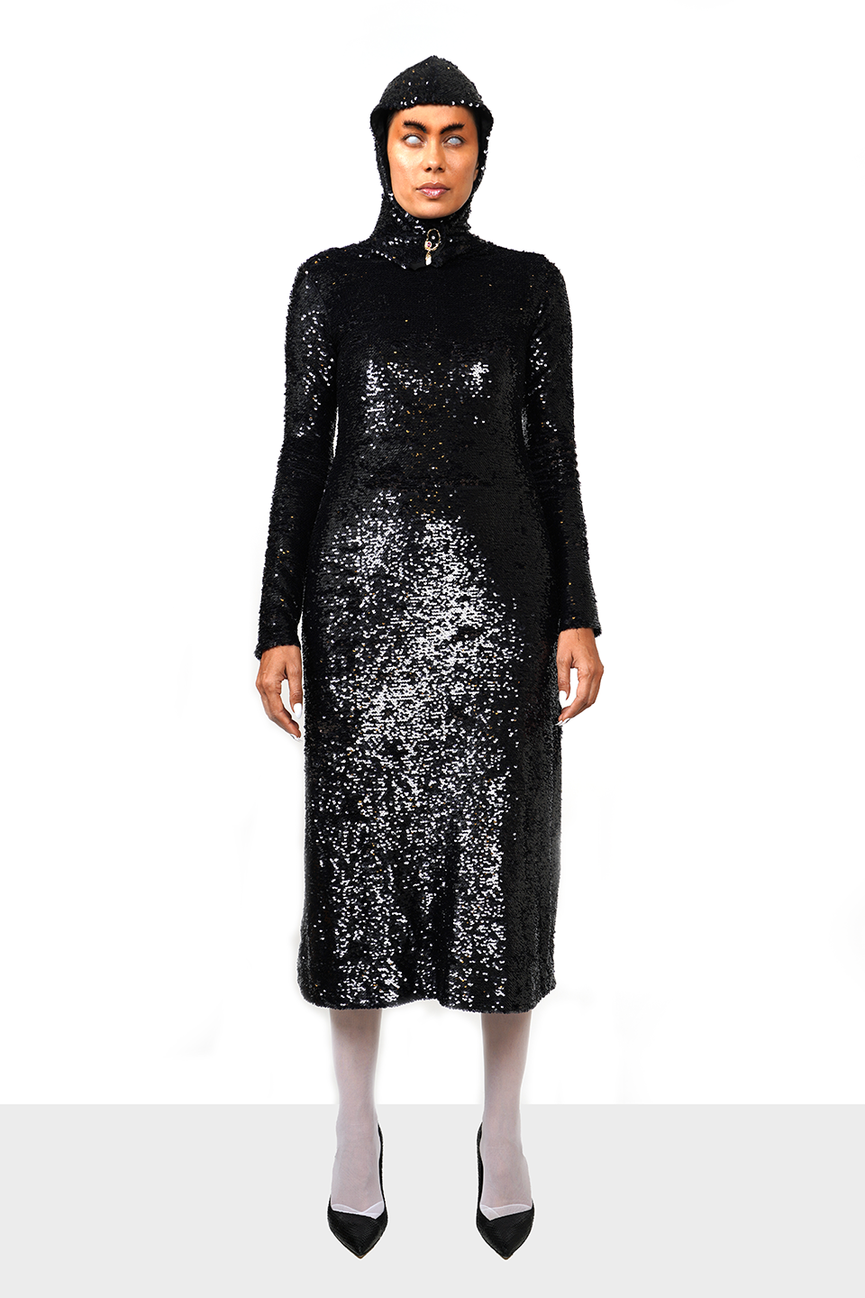 Hooded sequinned navy dress