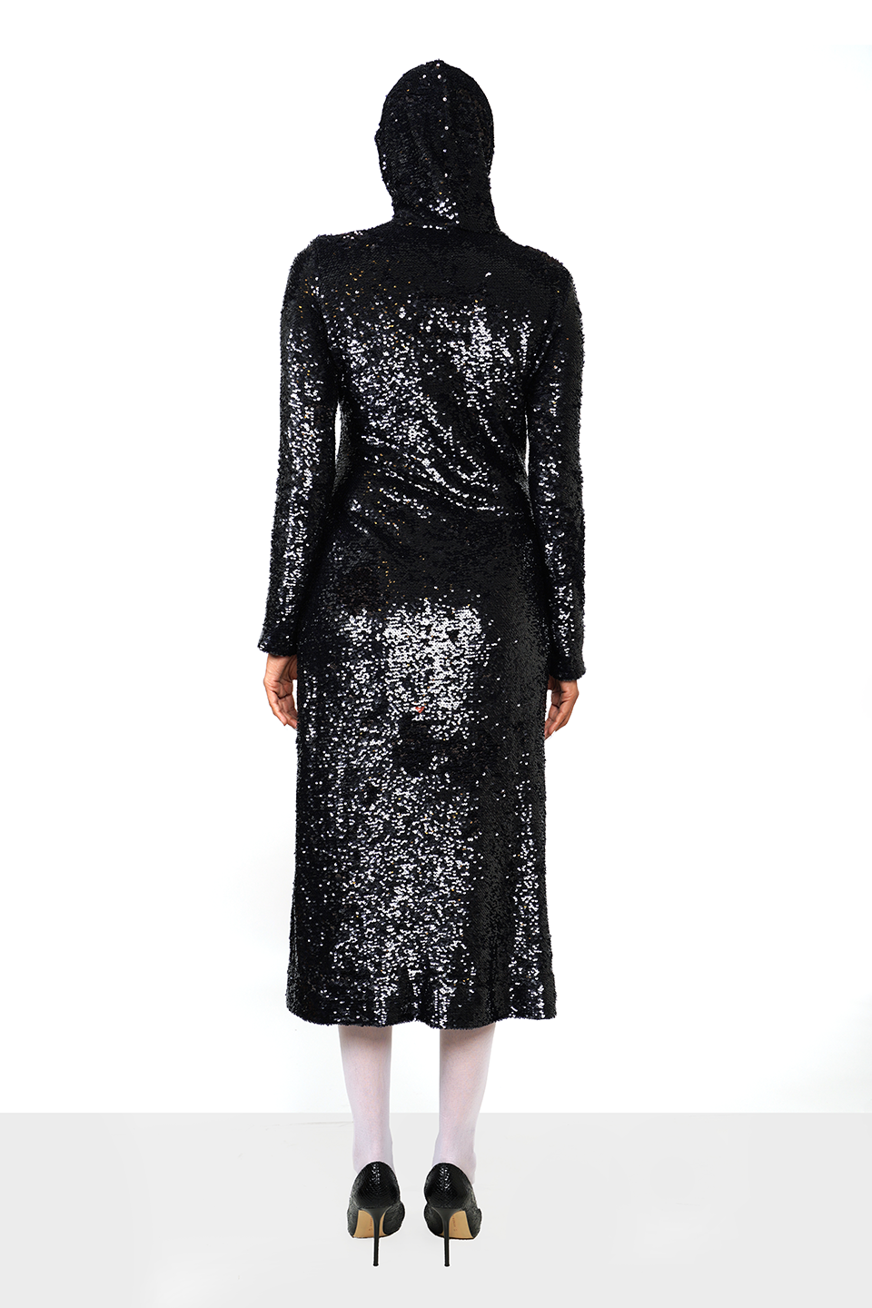 Hooded sequinned navy dress