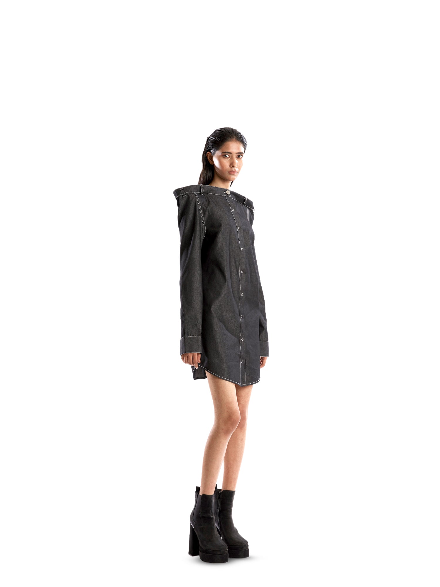 Black Denim mini straight shoulder dress