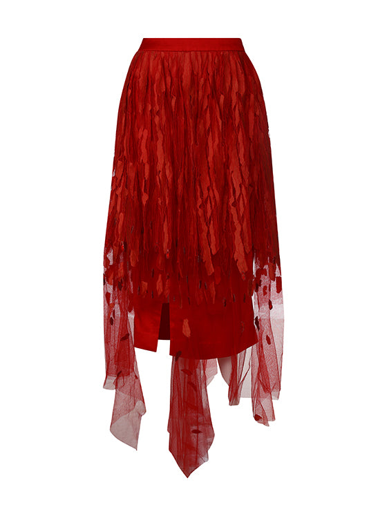 Deconstructed red midi-skirt