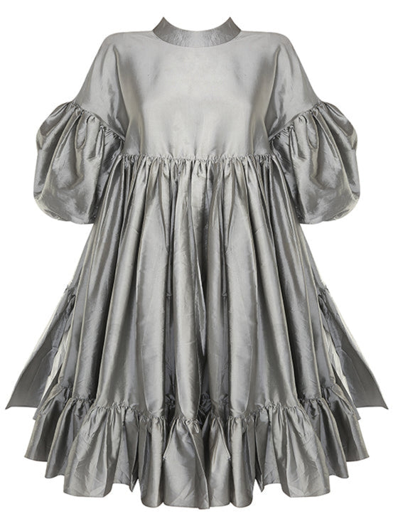 Gathered silver taffeta dress