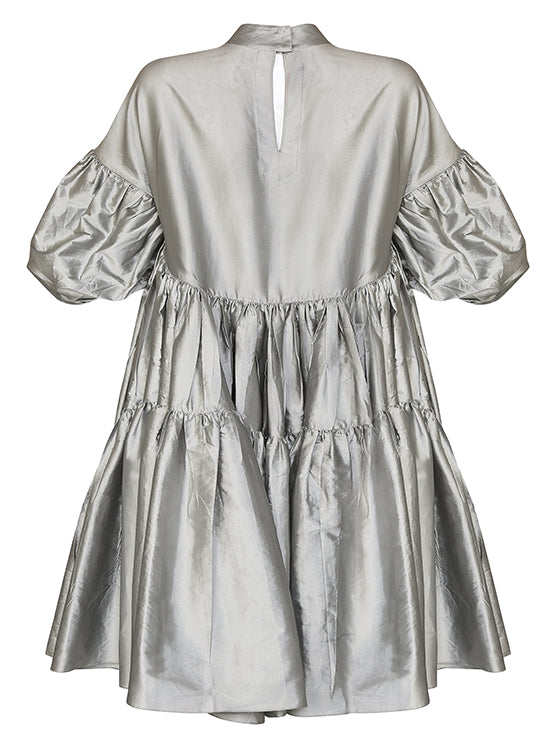 Gathered silver taffeta dress
