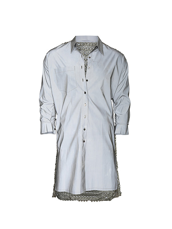 Metallic silver button-down shirt