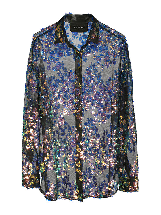 Sheer embroidered tulle button-down shirt