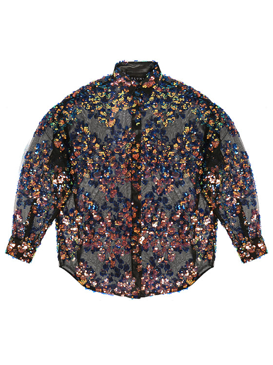 Sheer embroidered tulle button-down shirt