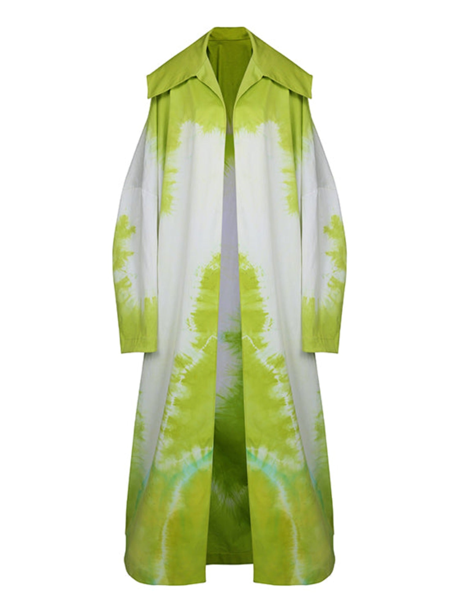 Lime tie-dye on white cotton duster coat