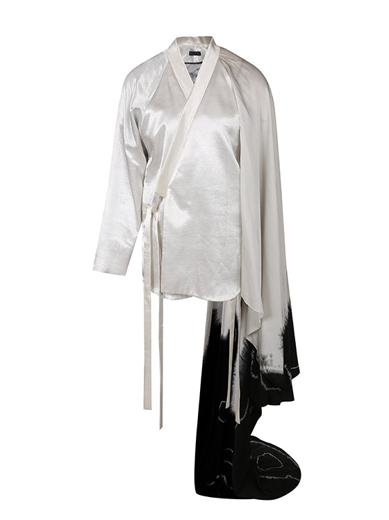 Silk satin kimono with tie-dye drape