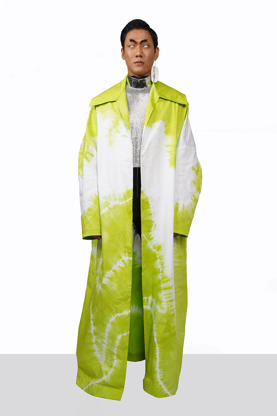 Lime tie-dye on white cotton duster coat